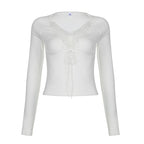 Fluffy patchwork solid long sleeve self tie top