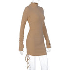 Long sleeve gloves solid drawstring high neck mini dress