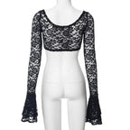 Long flared sleeve lace u neck button backless crop top  | Festival Outfits Women