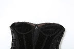 Sweetheart neck velvet lace up mesh beaded mini dress  | Festival Outfits Women