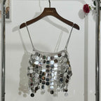 Glitter metal chain hollow out square neck cami cut out top  | Festival Outfits Women