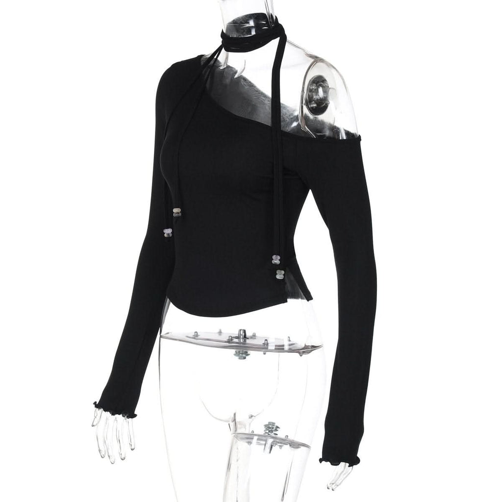 Halter one shoulder long sleeve beaded solid top  | Festival Outfits Women