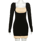Smocked patchwork ruched contrast long sleeve velvet mini dress
