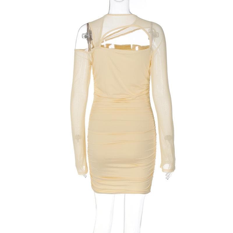 Ruched irregular mesh hollow out long sleeve mini dress