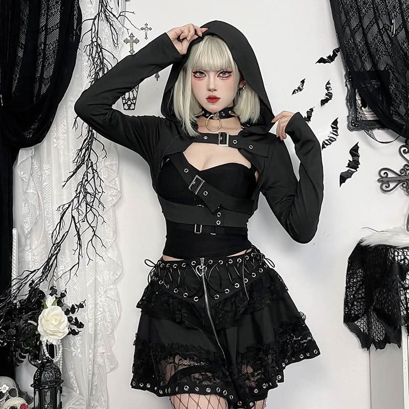 Hoodie long sleeve buckle cross back crop top  | Festival Outfits Women