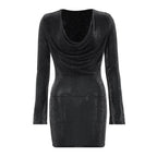 Long sleeve cowl neck ruched glitter solid mini dress