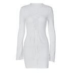 Lace up solid long sleeve ribbed self tie mini dress  | Festival Outfits Women