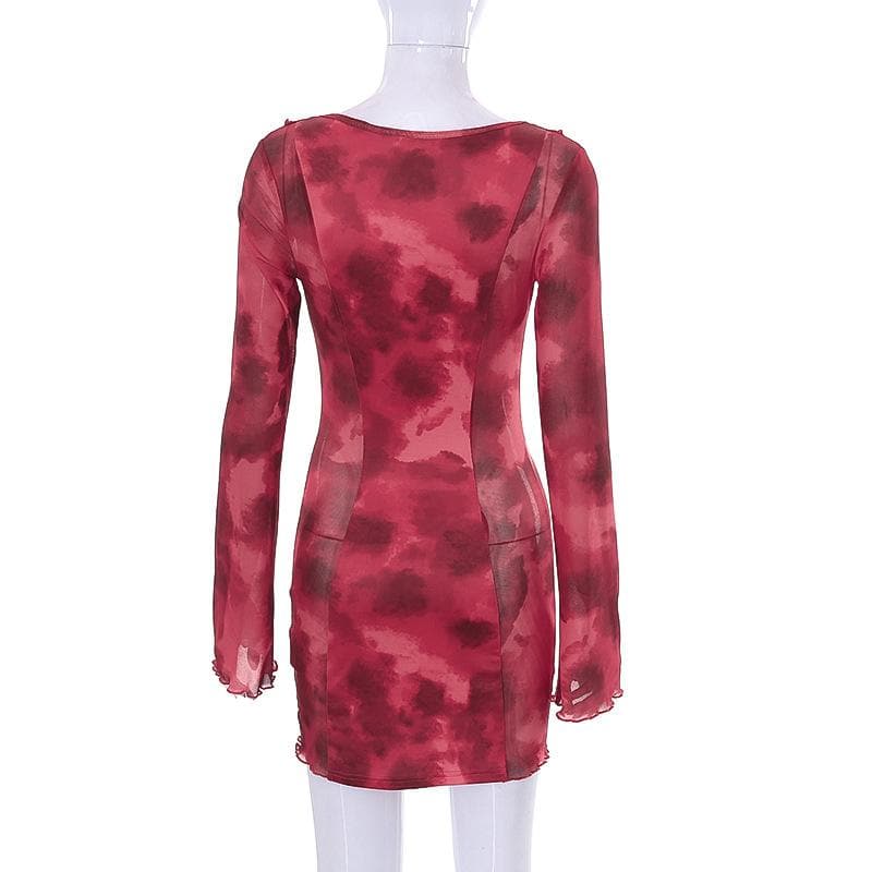 Long sleeve contrast print self tie ruffle mini dress