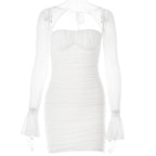 Mesh flared sleeve solid ruched zip-up lace up mini dress