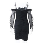 Solid ruched backless ruffle mesh mini dress