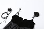 Solid notch neck flower applique ruched backless mini dress
