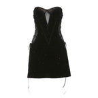 Sweetheart neck velvet lace up mesh beaded mini dress  | Festival Outfits Women