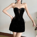 Sweetheart neck velvet lace up mesh beaded mini dress  | Festival Outfits Women