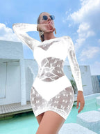 Long sleeve crewneck fishnet pattern mini dress  | Festival Outfits Women