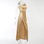 Sleeveless solid satin slit one shoulder ruched backless midi dress