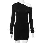 Long sleeve one shoulder irregular bowknot hollow out mini dress
