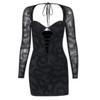 Mesh self tie long sleeve solid lace up mini dress