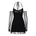 Long sleeve halter off shoulder ruched backless mesh ruffle mini dress