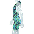 Sleeveless halter contrast ruched drawstring self tie backless mini dress