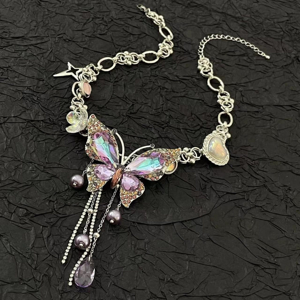Purple butterfly flower beaded choker necklace  | Festival Outfits Women