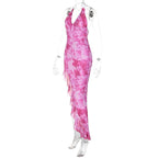 Tie dye ruffle halter mesh backless self tie irregular maxi dress