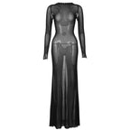 Long sleeve lace up sheer mesh see through maxi dress