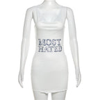 Letter print contrast cowl neck sleeveless metal chain mini dress