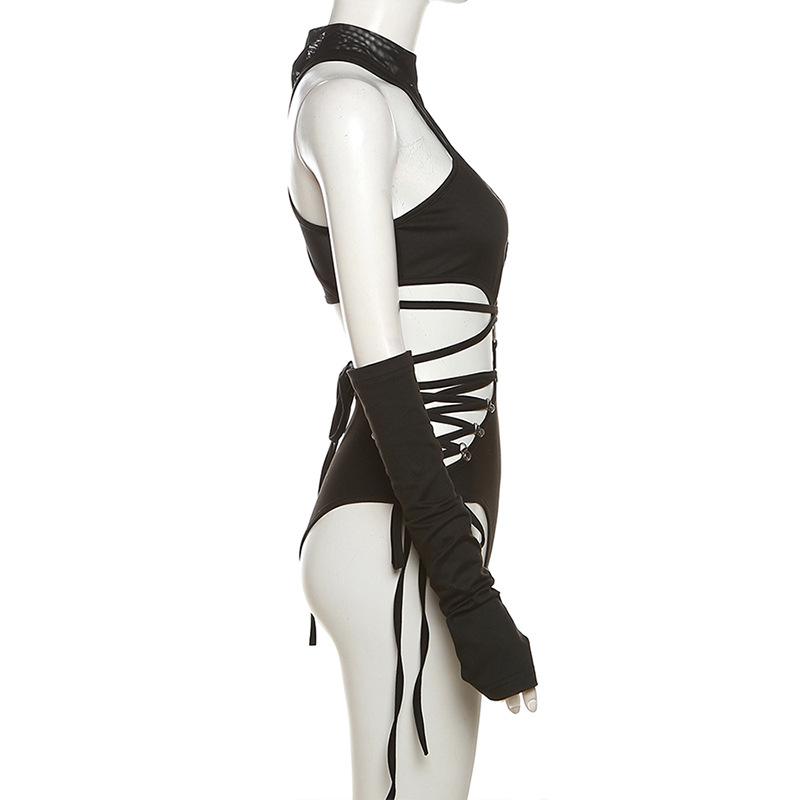 High neck o ring hollow out lace up gloves bodysuit  | Festival Outfits Women