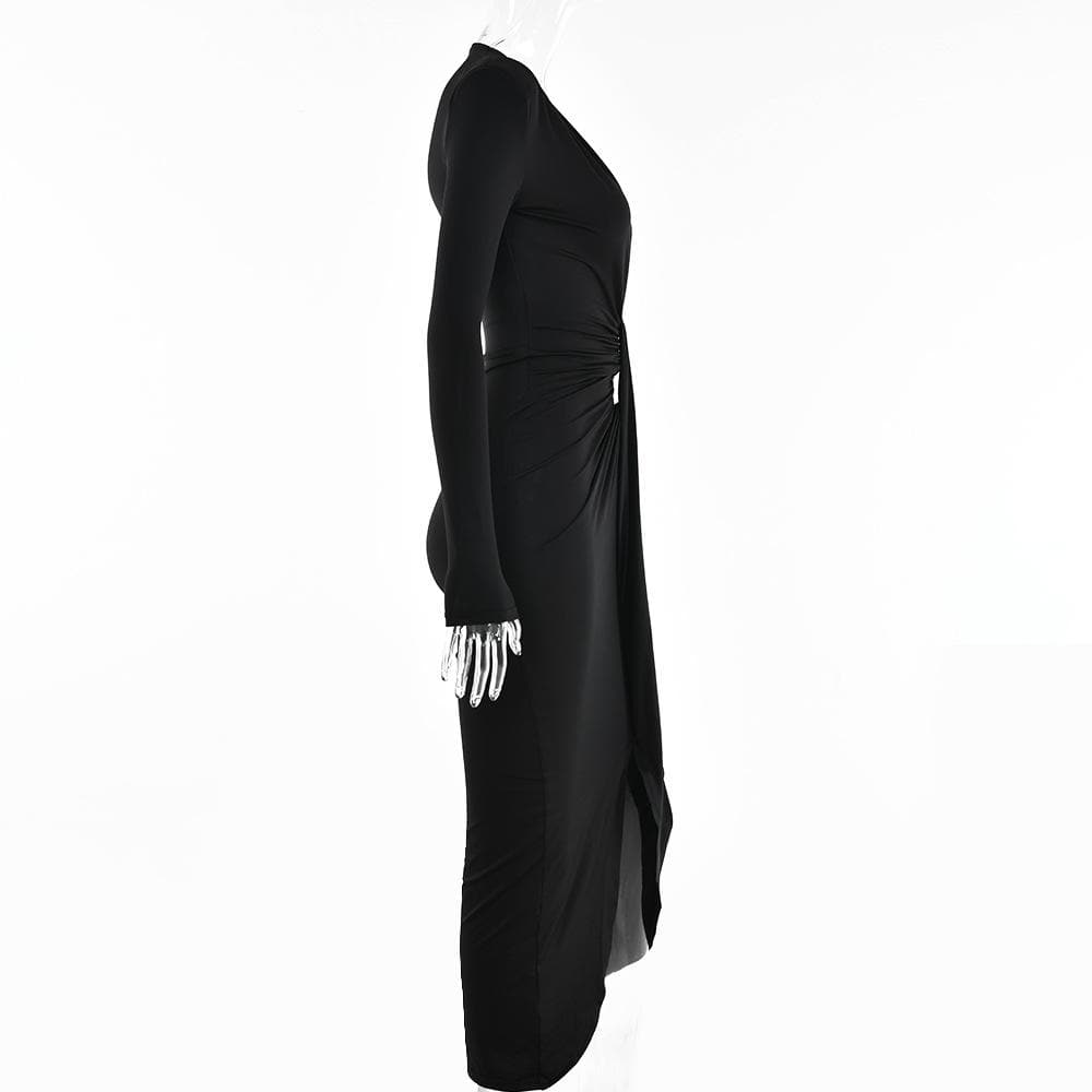 Long sleeve v neck solid ruched slit midi dress