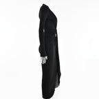 Long sleeve v neck solid ruched slit midi dress