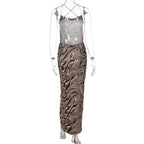 Ripple contrast print cross back slit cowl neck backless midi dress