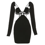 Long sleeve hollow out solid beaded backless self tie mini dress