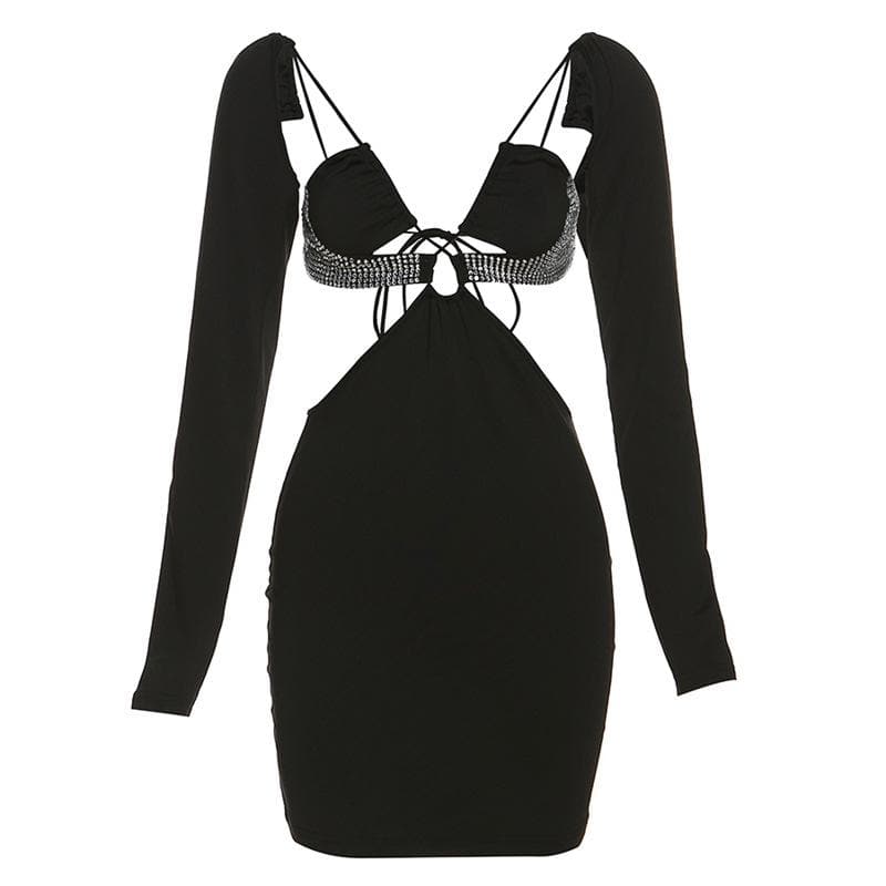 Long sleeve hollow out solid beaded backless self tie mini dress