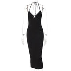 Sleeveless solid hollow out slit self tie backless midi dress