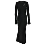 Ruched solid hollow out irregular long sleeve maxi dress