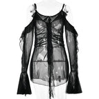 Long flared sleeve Off shoulder sheer mesh ruffle mini dress  | Festival Outfits Women