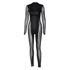 Long sleeve high neck mesh patchwork gloves stitch jumpsuit  | Festival Outfits Women