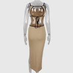 Ribbed contrast hollow out self tie backless slit cami midi dress