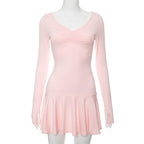 Ruched long sleeve v neck solid gloves ruffle mini dress