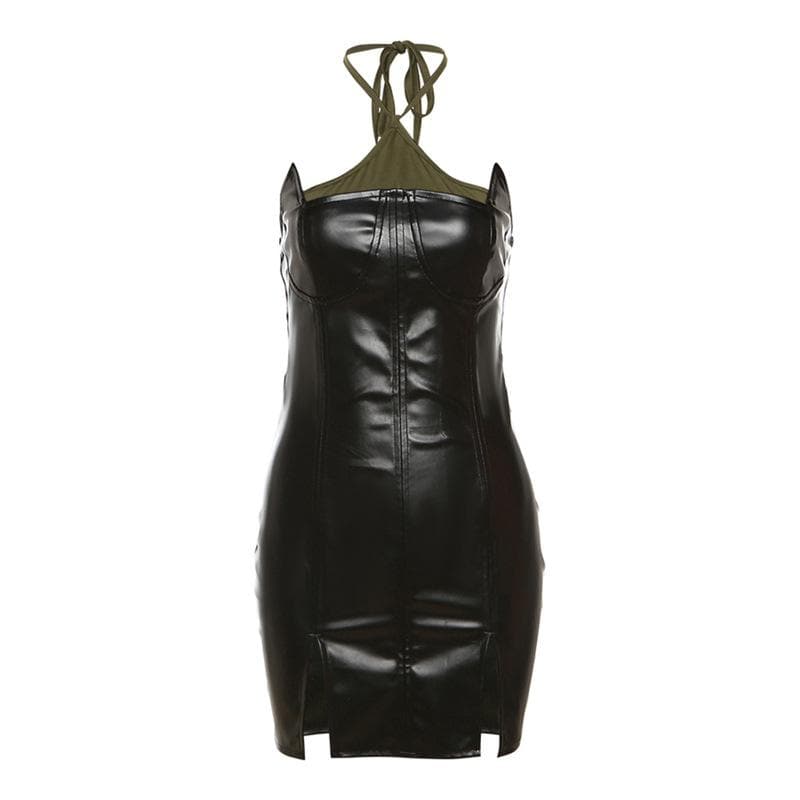 Slit PU leather contrast patchwork halter backless mini dress