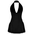 Halter deep V neck button pleated backless mini dress  | Festival Outfits Women