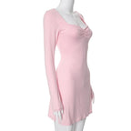 Square neck solid ruched long sleeve mini dress