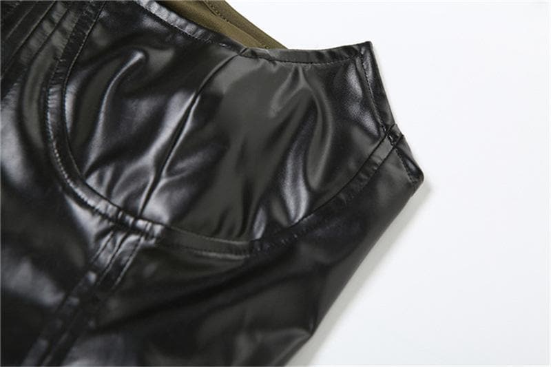 Slit PU leather contrast patchwork halter backless mini dress
