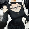 High neck long sleeve hollow out cross metal cut out top  | Festival Outfits Women