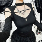 High neck long sleeve hollow out cross metal cut out top  | Festival Outfits Women