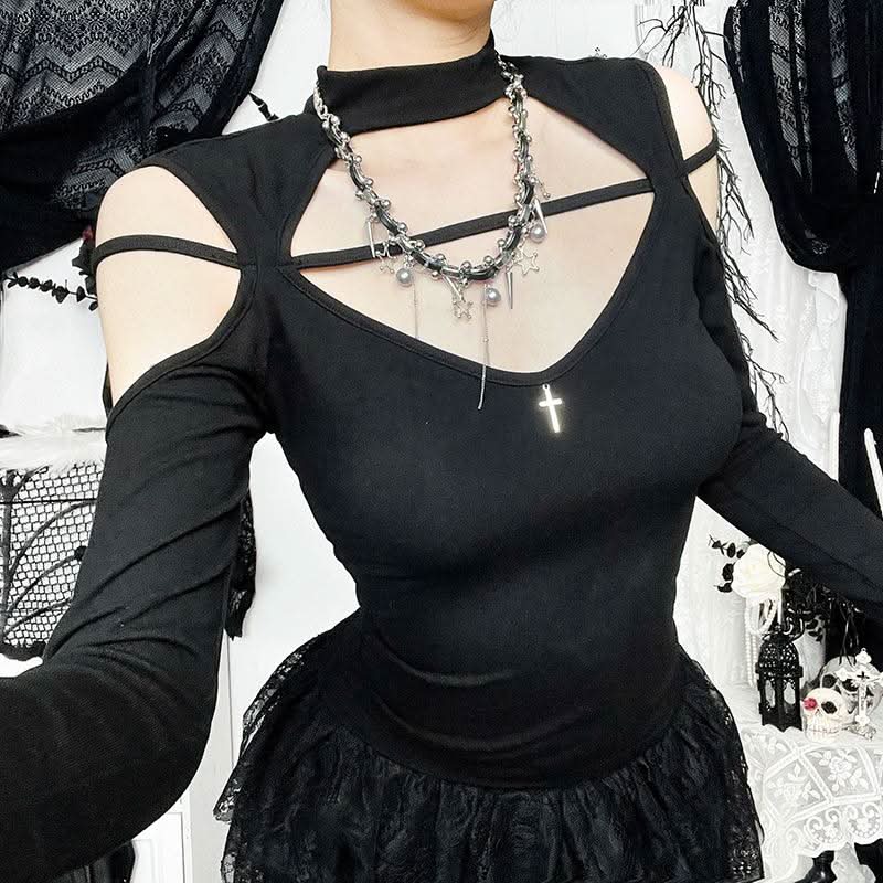 High neck long sleeve hollow out cross metal cut out top  | Festival Outfits Women