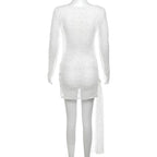 Textured see through o ring irregular long sleeve ruched mini dress
