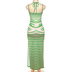 Slit halter self tie striped backless body print maxi dress