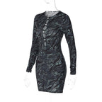 Ripple contrast long sleeve hollow out crewneck mini dress
