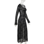 Long sleeve u neck lace slit maxi dress  | Festival Outfits Women